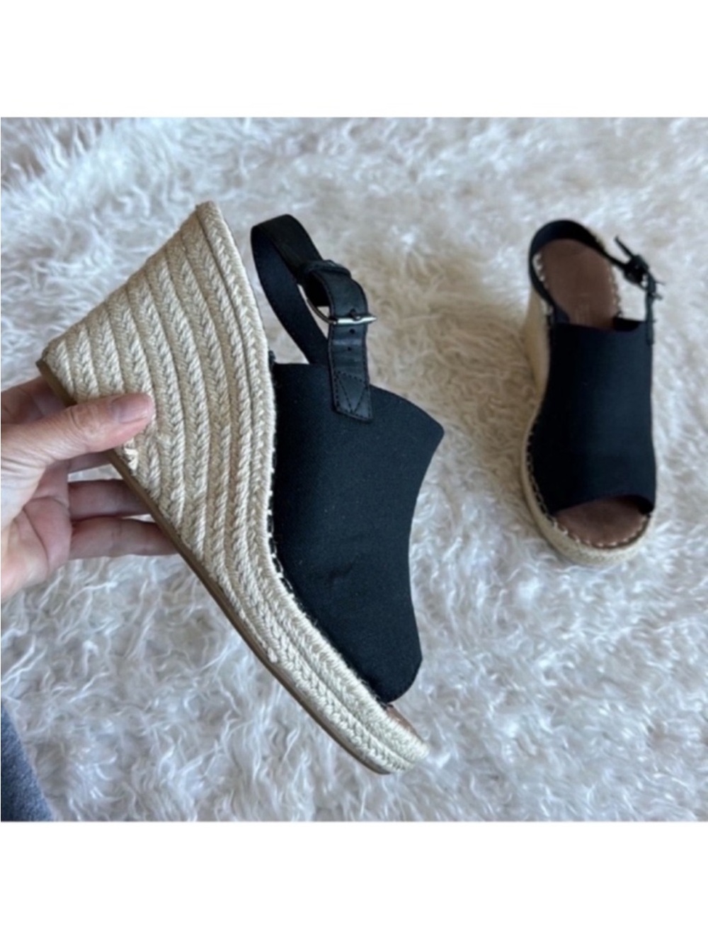 TOMS Monica Espadrille Canvas Wedge Heel Sandals/Shoes Sz 9 Black Tan